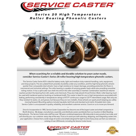 Service Caster 4 Inch High Temp Phenolic Swivel Top Plate Caster Set with Total Lock Brake SCC SCC-TTL20S414-PHRHT-4